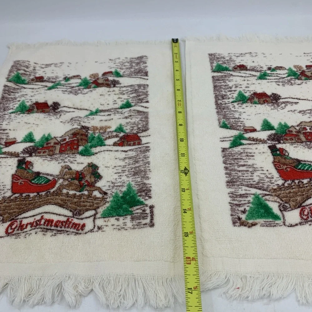 Vintage Christmastime Fingertip Hand Towels USA Sleigh Winter Christmas 70's 80s